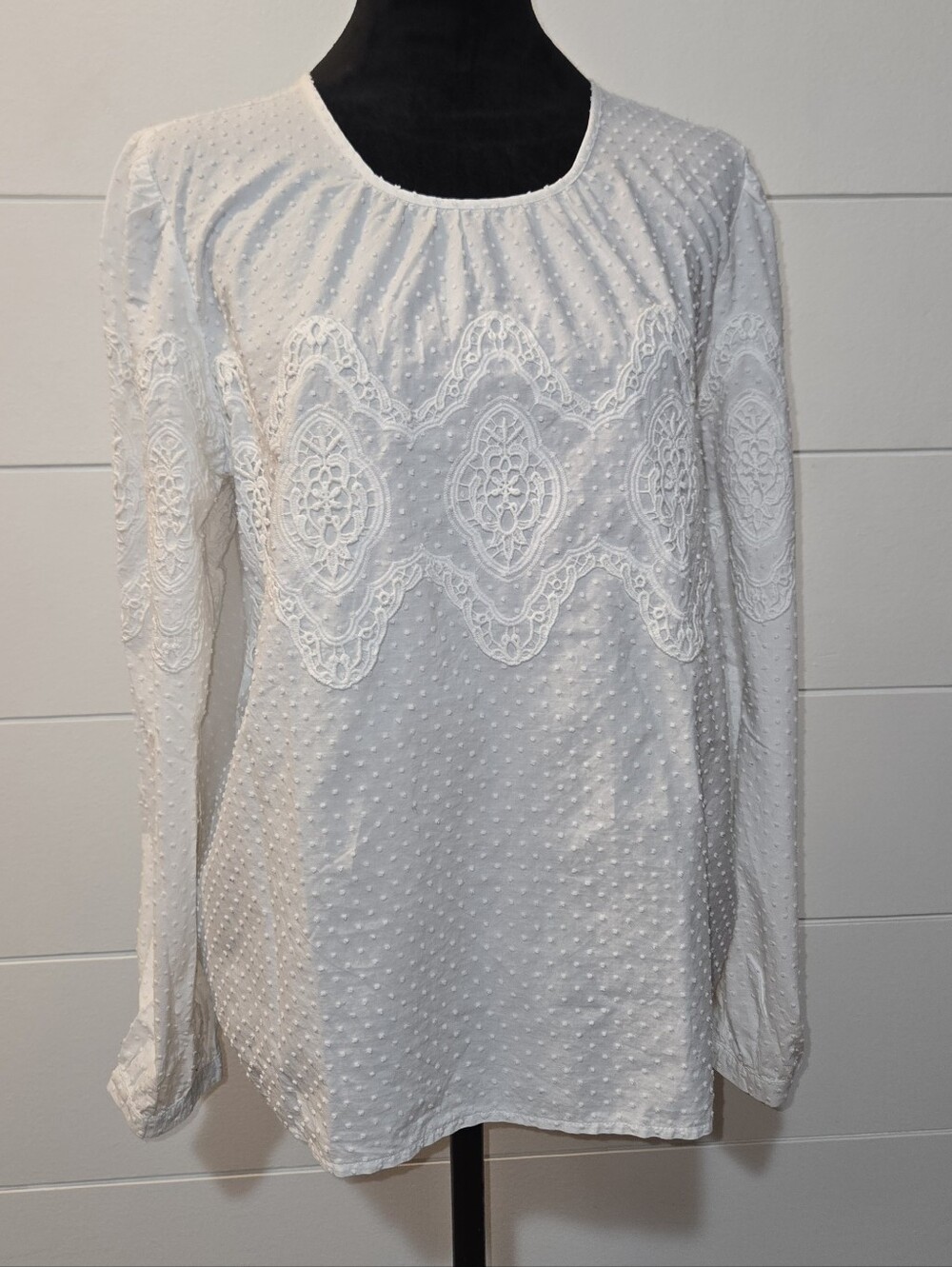 LOFT White Embroidered Swiss Dot Long-Sleeve Top